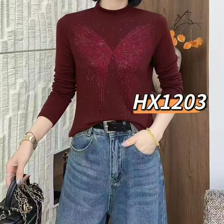 2513-设计感高温烫钻时尚蝴蝶立体弹力重工大码衫