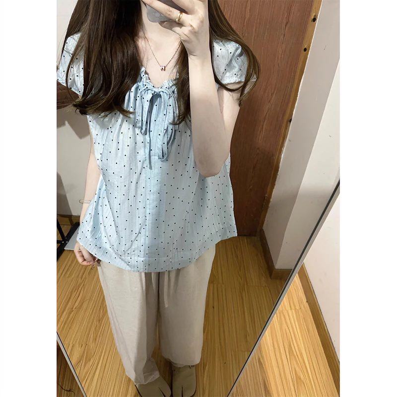 衬衫女士2025早春气质甜美风V领系带小飞袖波点显瘦百搭短袖上衣