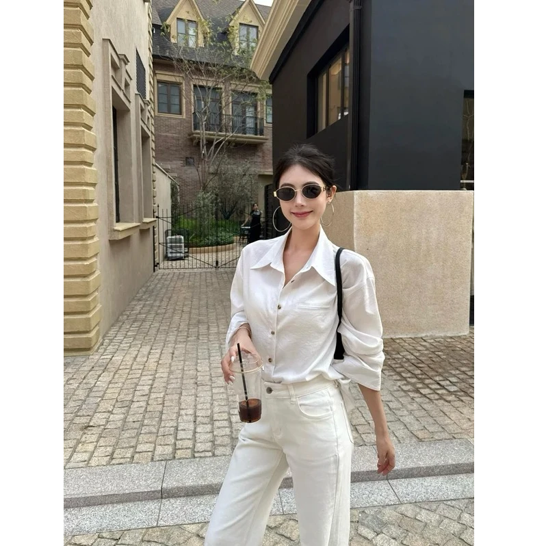 慵懒风休闲长袖衬衫外套女秋季2025新款中长款宽松显瘦开衫衬衣