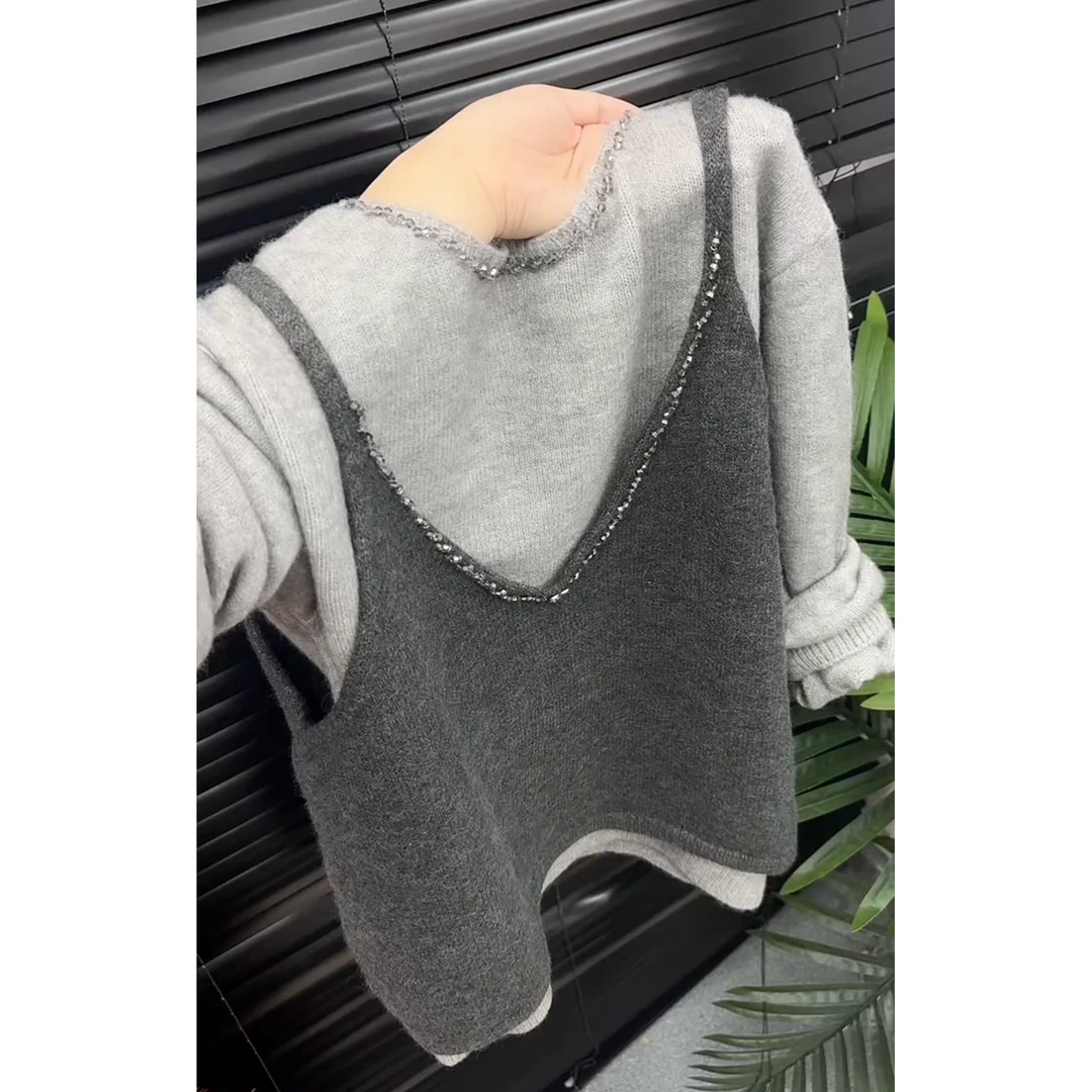 韩系重工钉珠针织背心打底衫两件套2025秋季新款时尚减龄叠穿毛衣