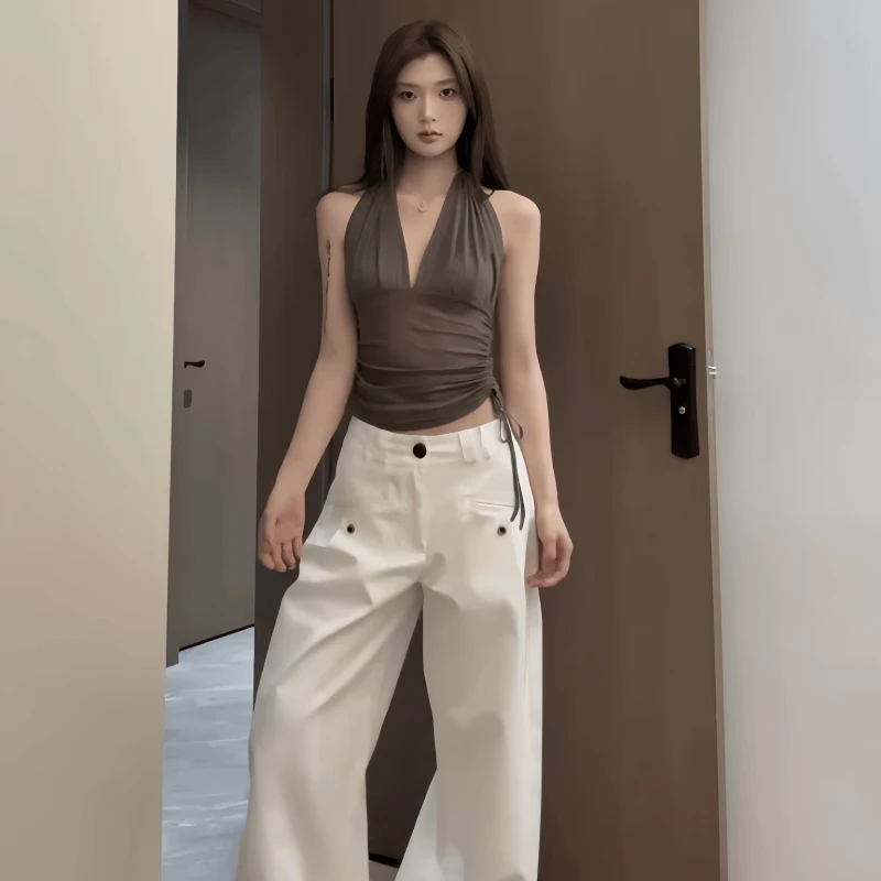 甜酷纯欲风黑色挂脖吊带背心辣妹女春季新款V领抽褶网纱修身上衣