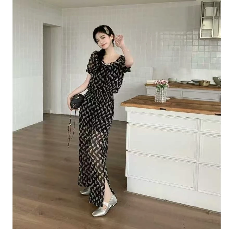 套装夏季设计感印花阔腿裤两件套装A229裙子