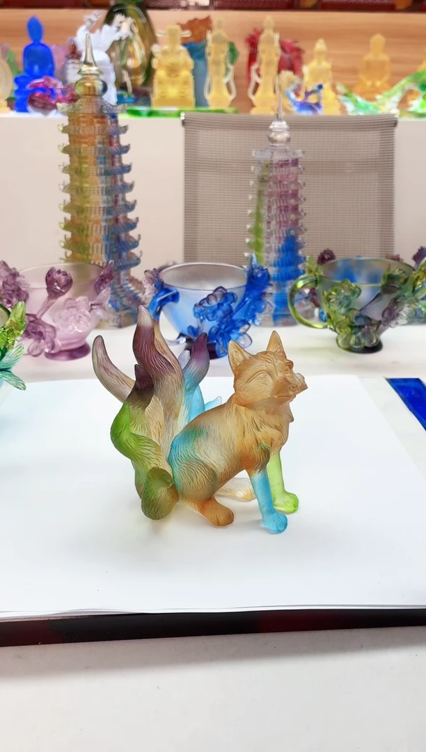手工艺品琉璃彩狐狸摆件10*9*8公分