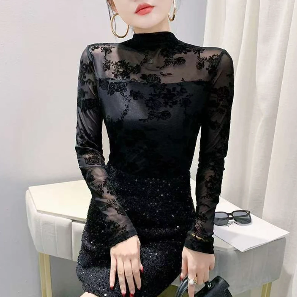 欧货半高领碎花蕾丝衫女2025长袖打底衫内搭上衣气质时尚秋冬