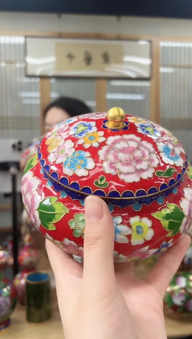 景泰蓝花丝喜子罐6寸XZG002红色
