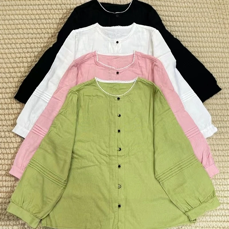 《米粒》82674森系小清新圆领宽松百搭手工捏褶上衣小开衫