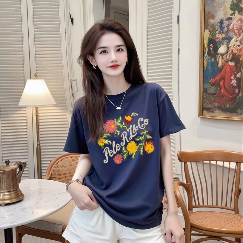 【步步生花】正肩显瘦短袖T恤印花圆领时尚潮流半袖小版休闲