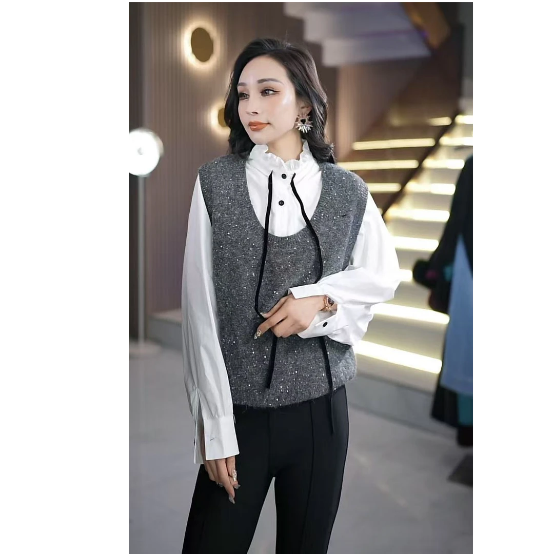 时尚休闲洋气百搭木耳边衬衫假两件女士长袖针织衫毛衣6W+396242y