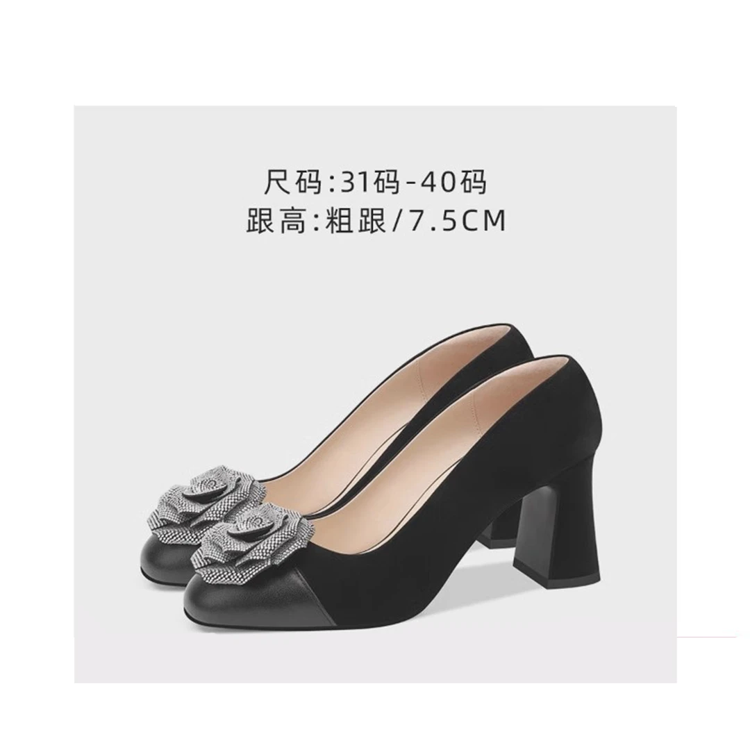 黑色圆头玛丽珍单鞋女2025春季新款真皮浅口粗跟高跟鞋配裙子小码