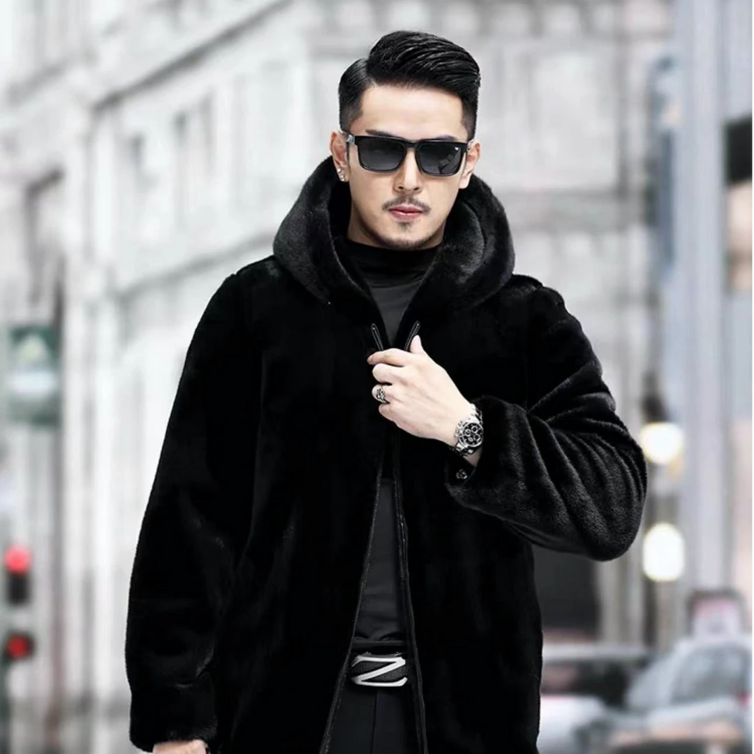 Lontu&Ke/列文虎克海宁皮革城新款男士立领带帽北欧进口貂绒皮草