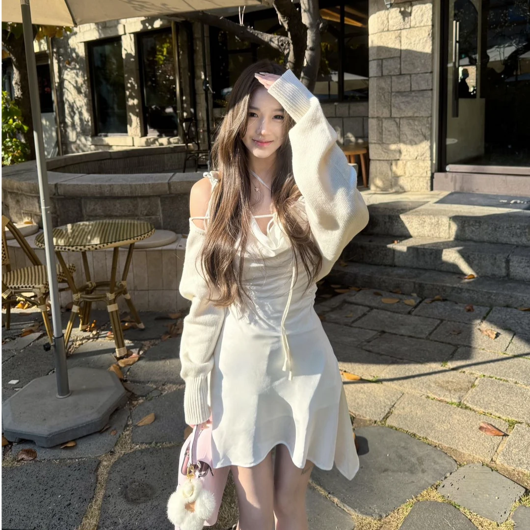 气质设计感无袖连衣裙短裙蓬松连衣裙时尚套装外穿针织开衫上衣女
