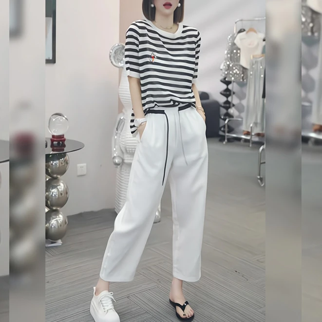 时尚套装女2025新款欧货复古休闲减龄条纹圆领T恤夏装搭配一整套