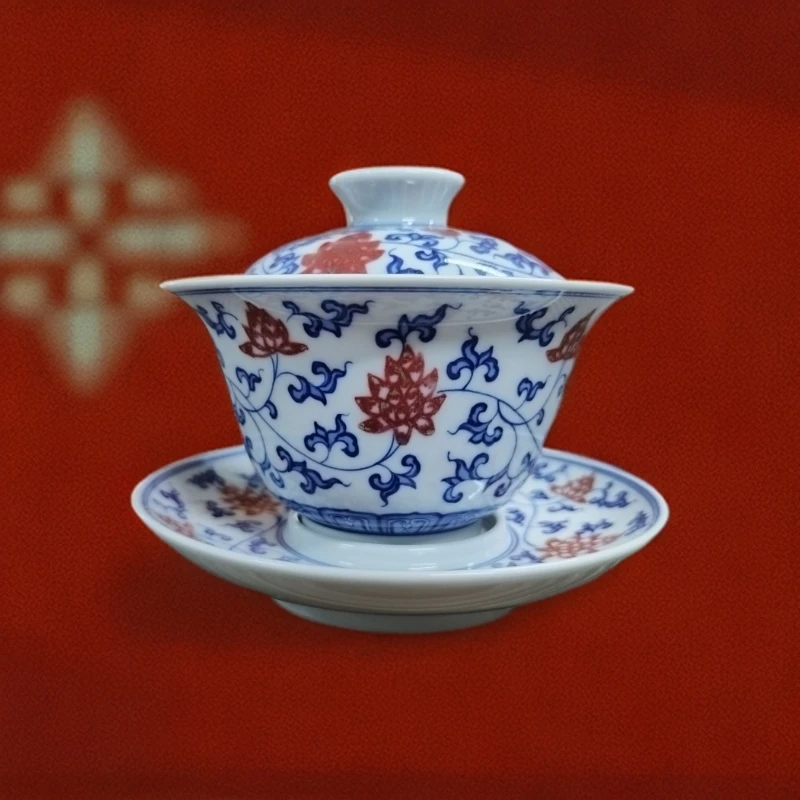 【聚悠然】釉里红缠枝三才盖碗景德镇瓷器手绘手工 孤品