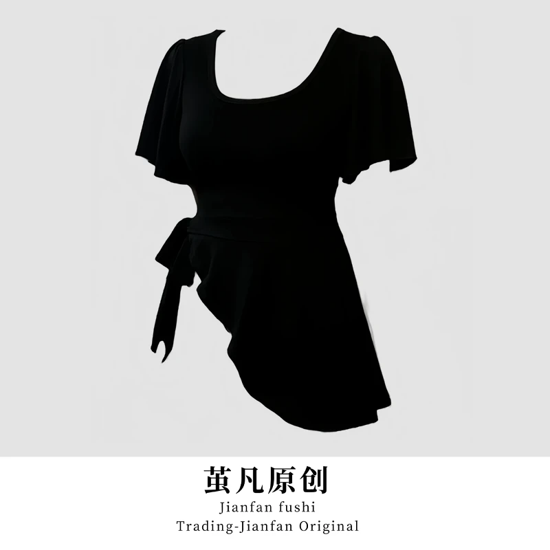 大码秋款微胖mm不规则绑带显瘦短袖T恤辣妹抽绳掐腰上衣纯欲风