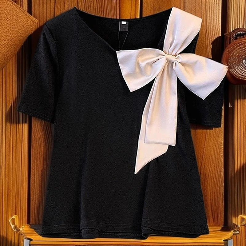 夏季大码女装蝴蝶结短袖正肩T恤个性设计感减龄遮肚上衣