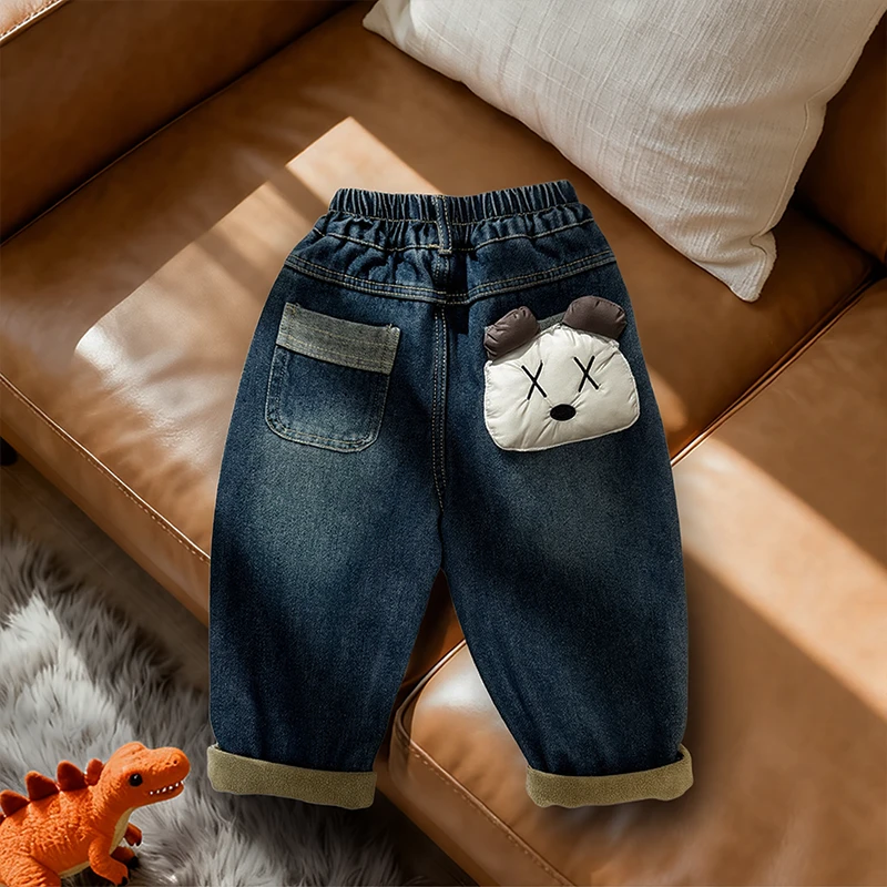 儿童加绒牛仔裤2025新款男童冬装小童洋气冬季宝宝卡通加厚长裤子