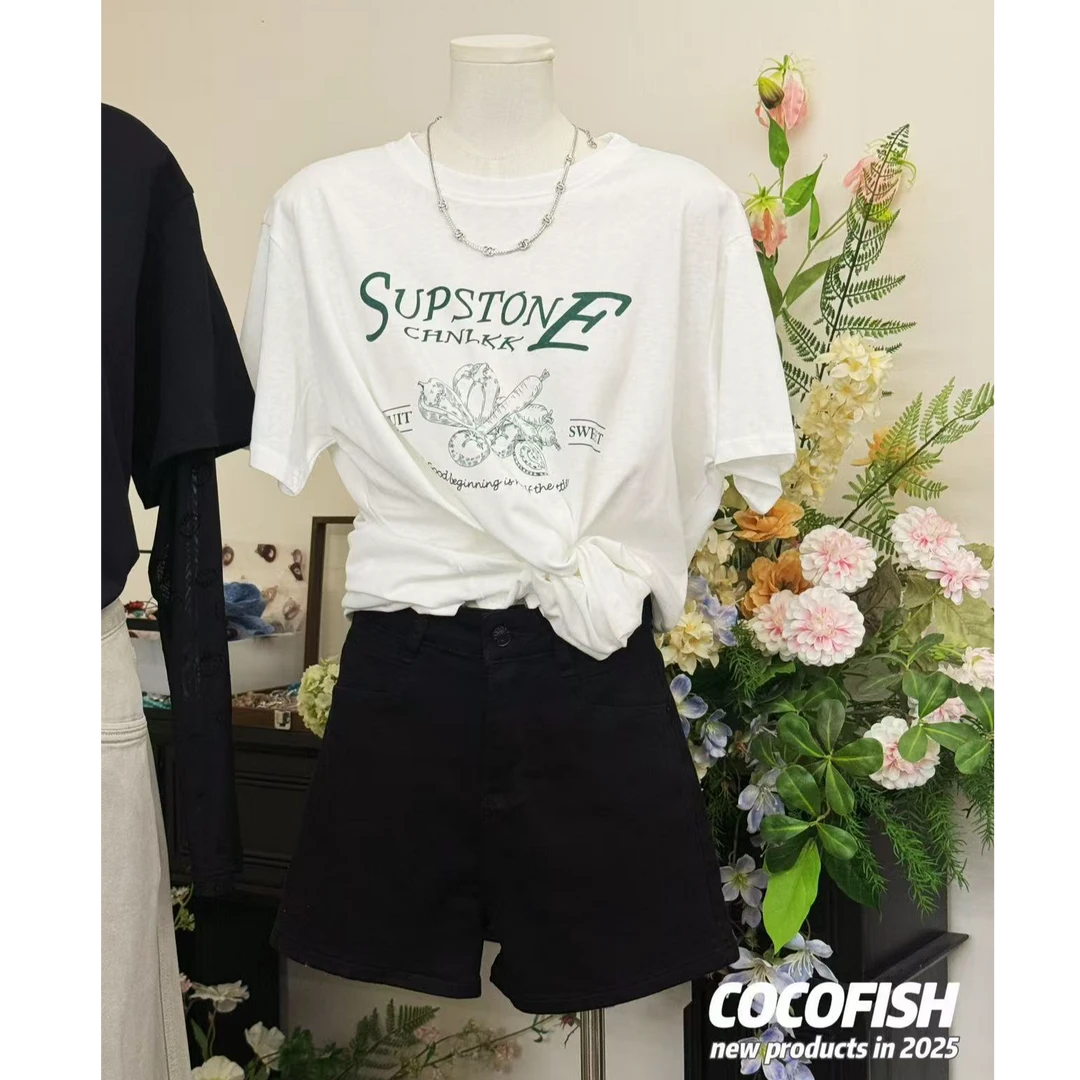 韩系简约清新蔬菜字母印花大版短袖T恤#66056