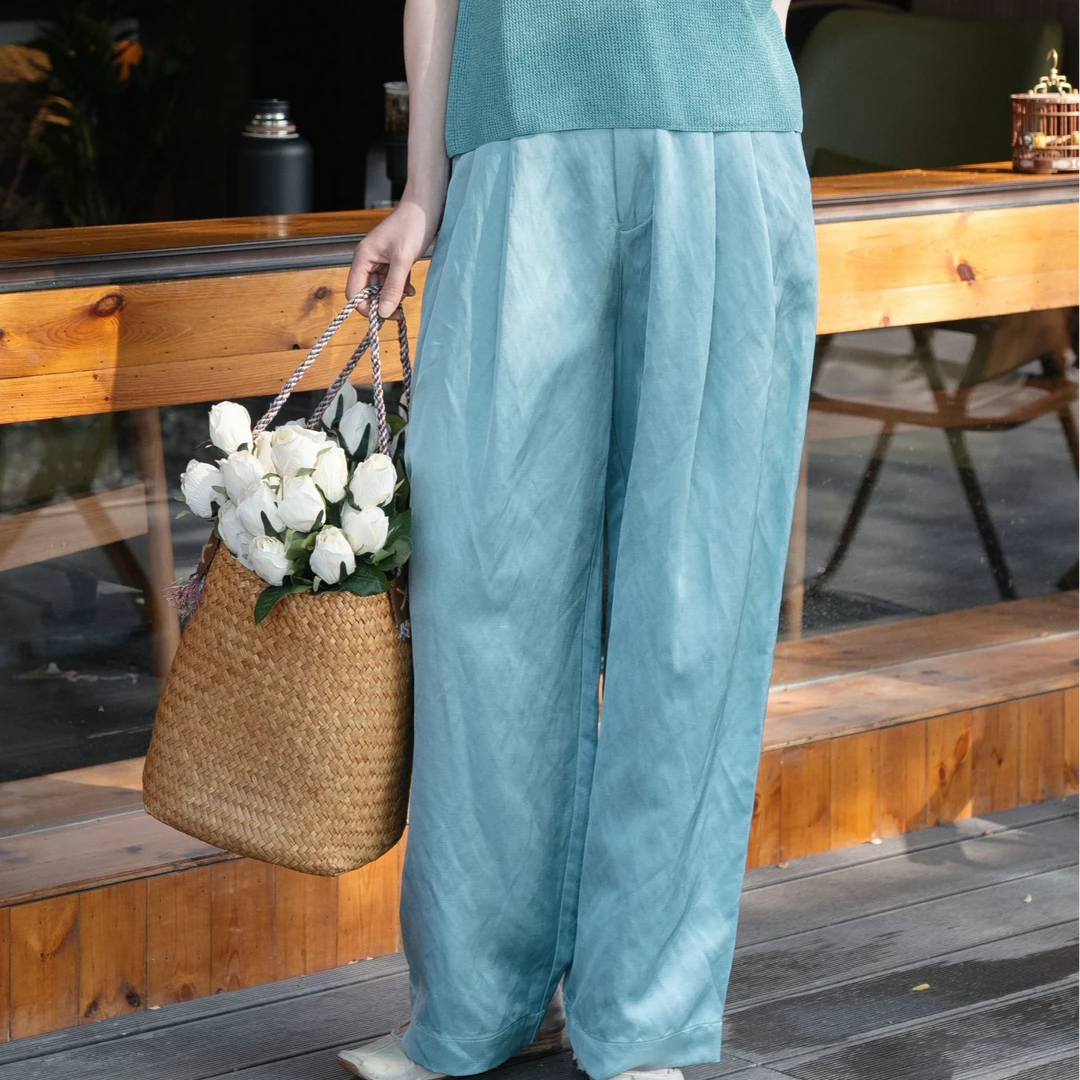 光泽感垂顺棉麻显瘦宽松直筒裤P019511