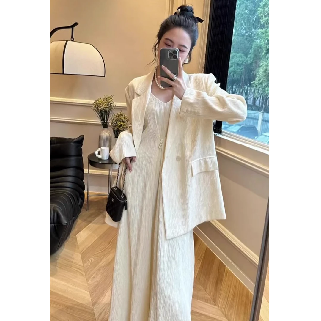 大码法式御姐优雅风气质西服高级感休闲职业宽松西装外套吊带长裙