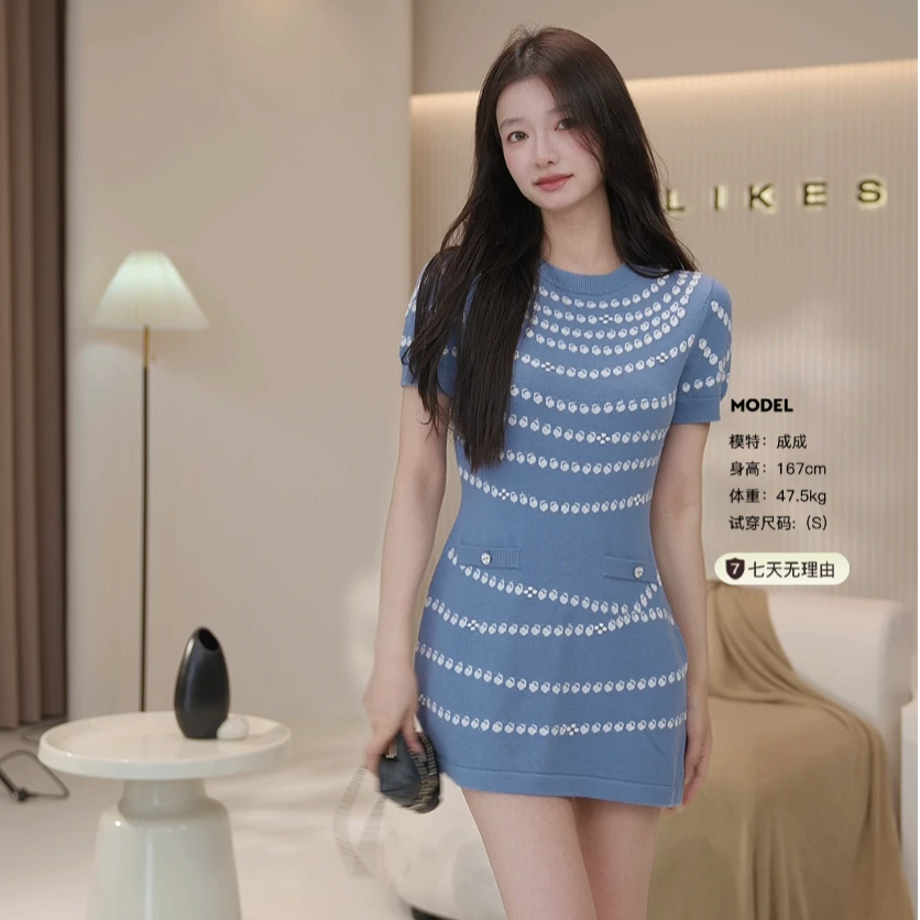 【LILYLIKES】羊毛混纺气质小香珍珠提花设计短袖针织连衣裙
