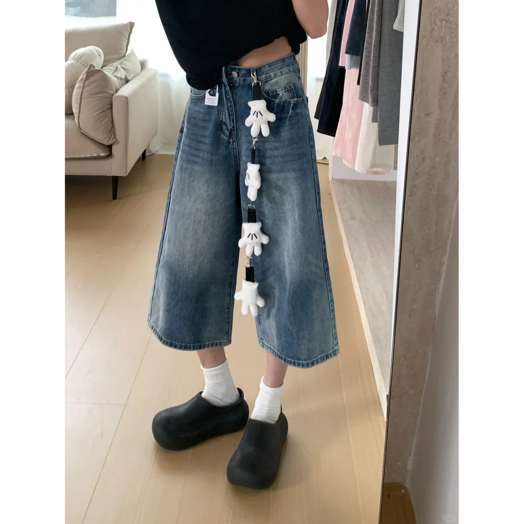 夏季新款休闲七分牛仔裤女美式复古高腰宽松阔腿裤垂感直筒七分裤