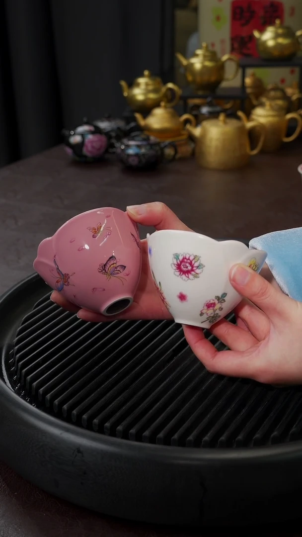 【闪购商品】杯【宜景窑手绘蝶舞】外粉+外白两只杯子