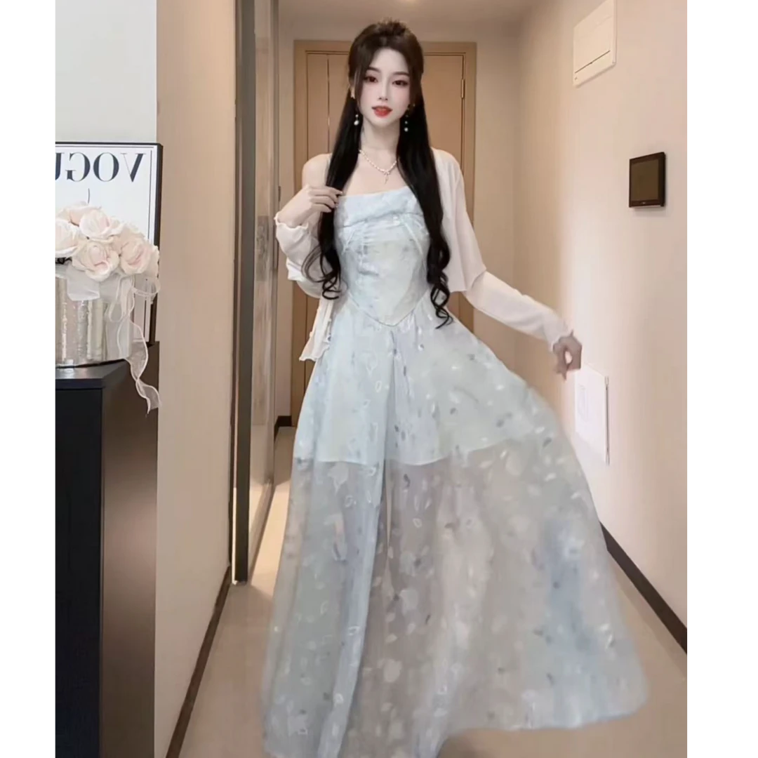 森系重工吊带连衣裙2025春夏季防晒开衫套装仙女长裙两件套