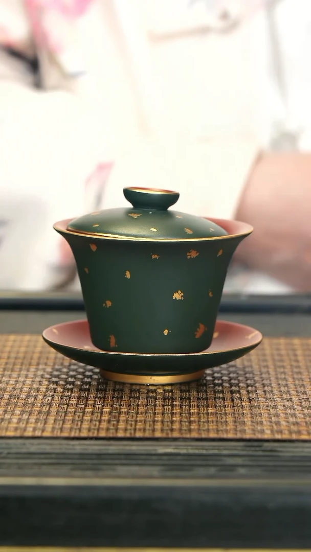 【闪购商品】紫砂茶壶22三才盖碗 绿金