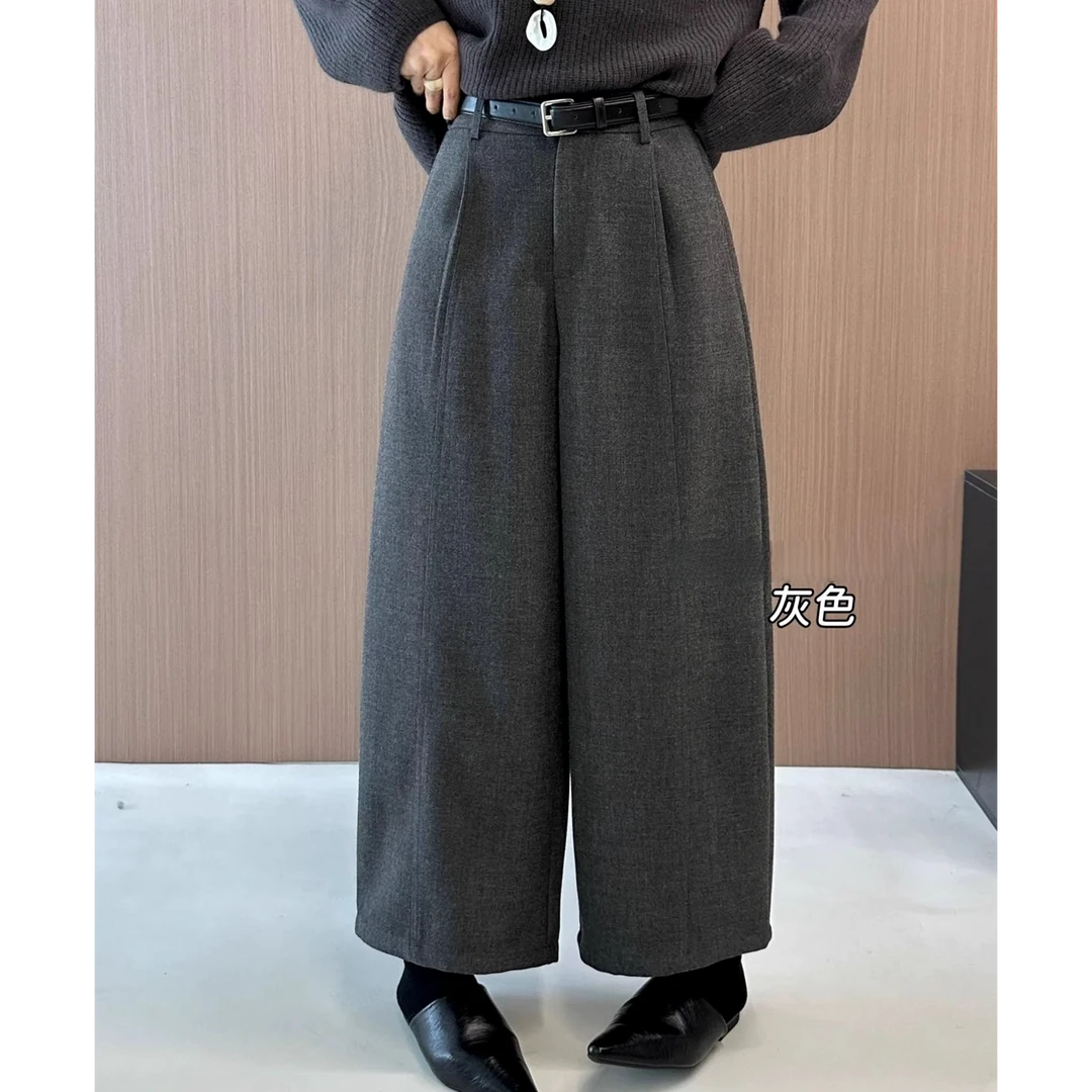 欧货灰色加厚呢子裤女2025秋冬新款高腰显瘦小个子休闲九分阔腿裤