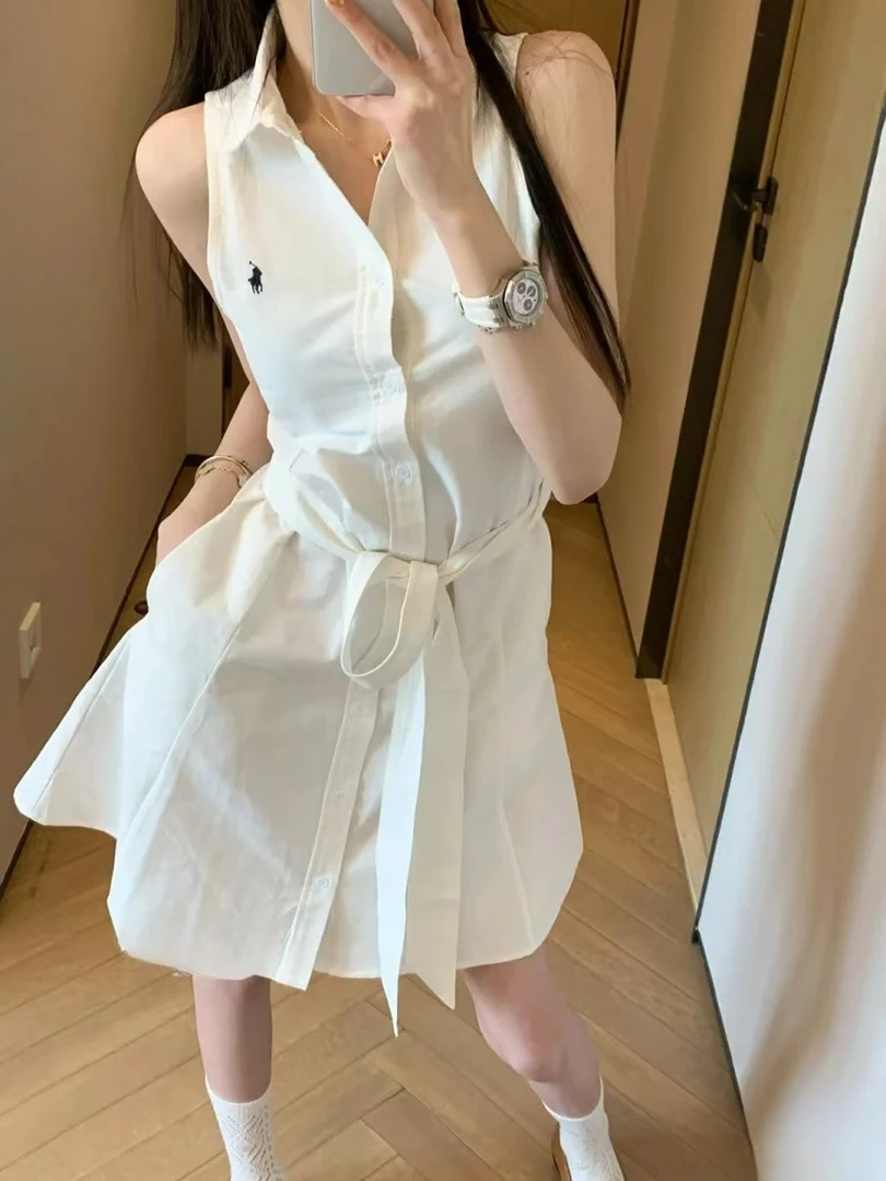 初恋千金老钱风无袖衬衫连衣裙气质小白裙女士显高纯欲小马刺绣2