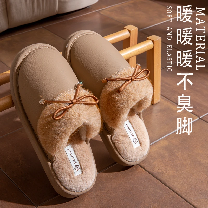 防水棉拖鞋女2025冬季新款厚底加绒防滑保暖室内居家防滑毛毛拖鞋