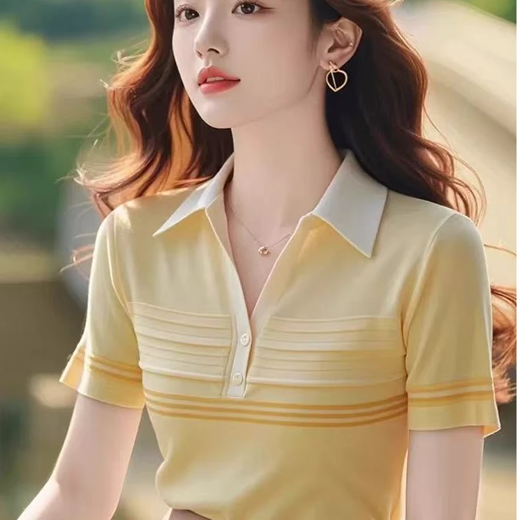 品哥弟新女士夏季新款时尚百搭洋气时髦条纹短袖polo衫上衣