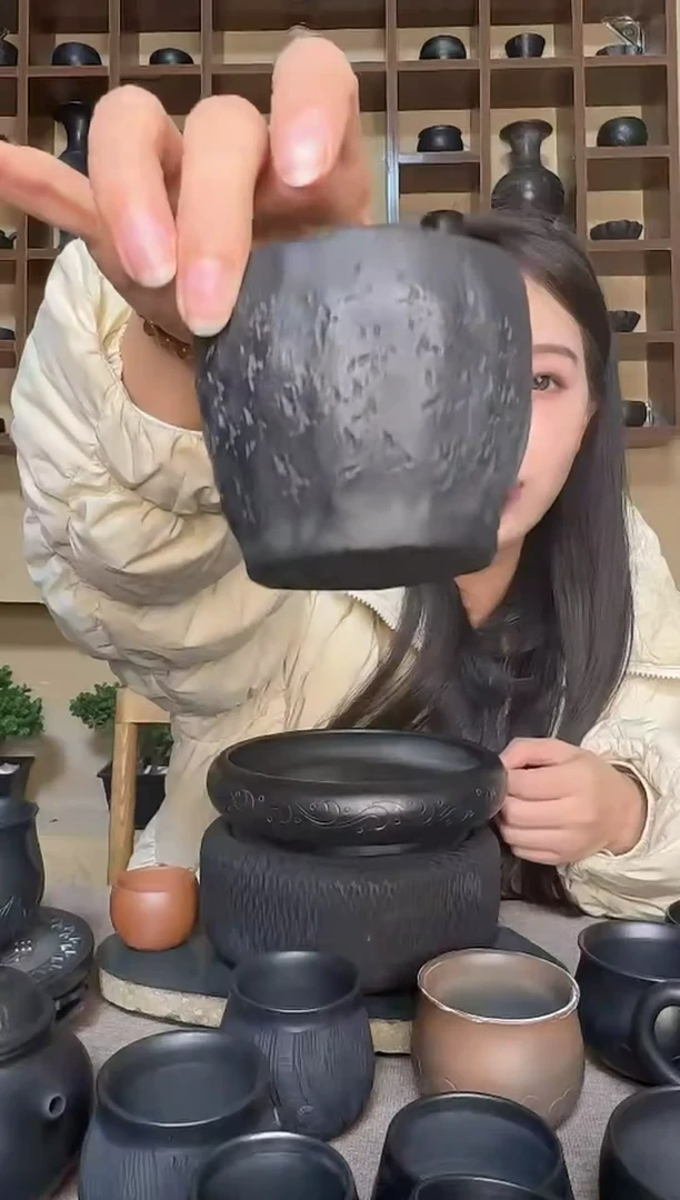 手工黑陶手捏核桃纹手捏杯