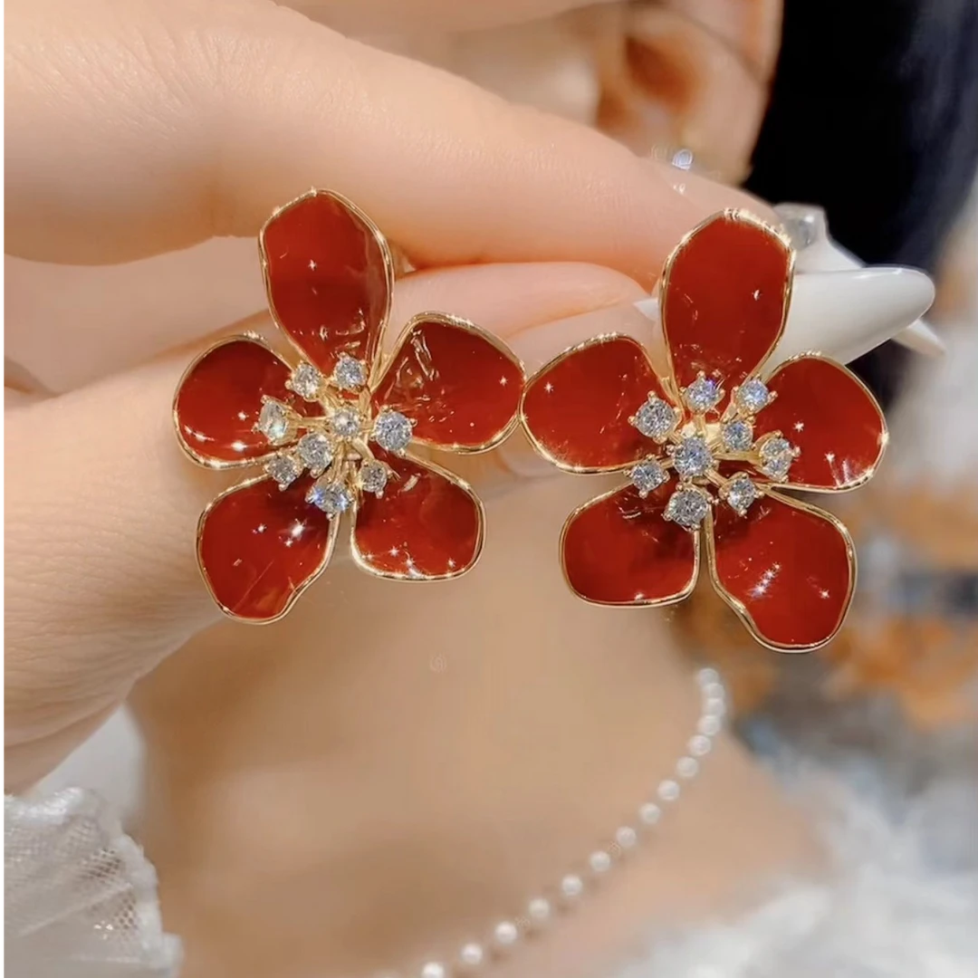 铜合金合成锆石耳饰 手工气质轻奢时尚百搭复古红色素款F904