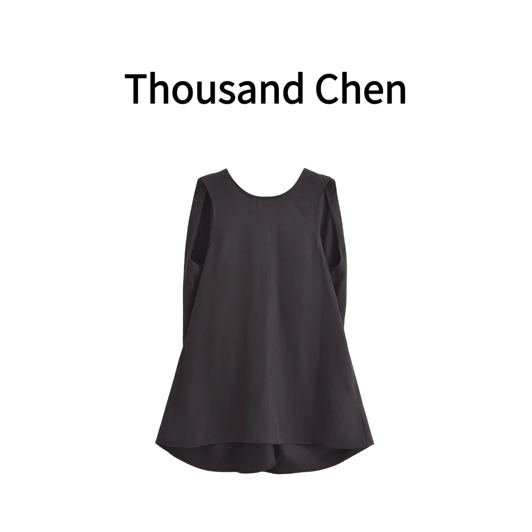 Thousand Chen【罗马假日】缩褶A字无袖后背扭结黑色上衣TC8011