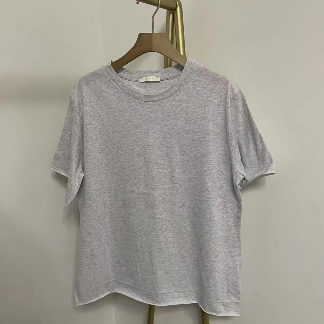夏季设计感纯棉女士t恤圆领灰色慵懒风T恤半袖宽松短袖女DD-45