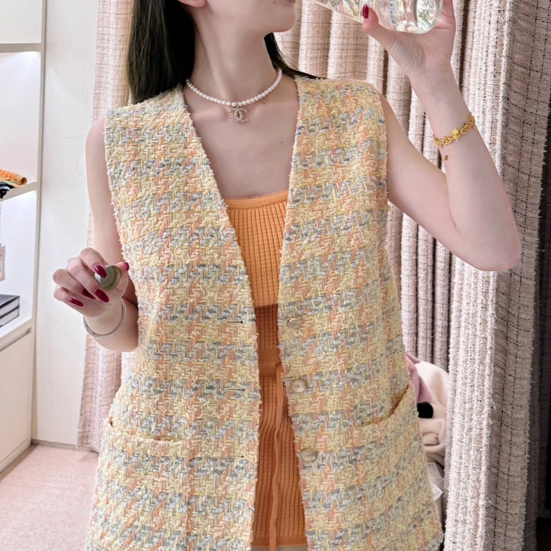 99新 Chanel/香奈儿 36码25P春夏预告黄色粗花呢马甲，背心