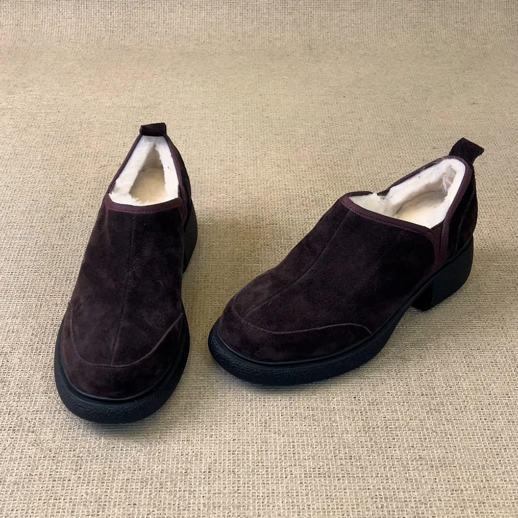 RubyL/5cm秋冬保暖简约通勤百搭舒适一脚蹬圆头粗跟加绒单鞋女款