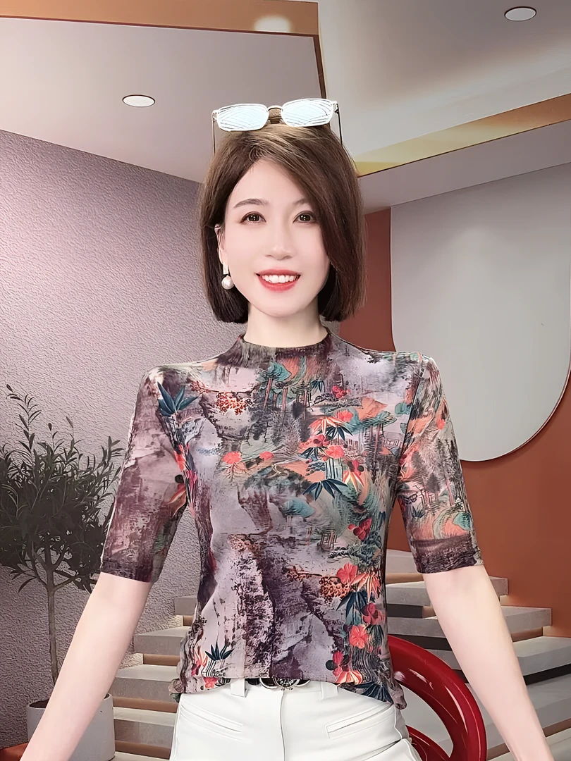 半高领高档网纱打底衫女修身显瘦上衣2025春夏五分袖独特漂亮小衫