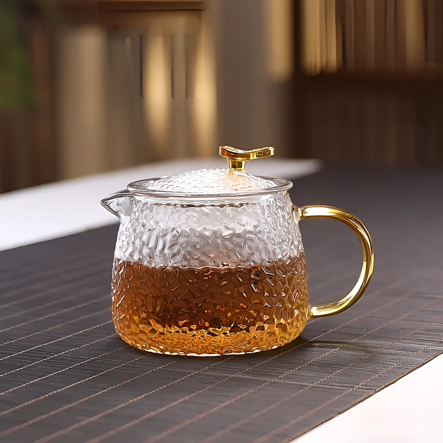 耐热玻璃灵韵手工透明泡茶壶锤纹带盖过滤家用办公茶具加厚大容量