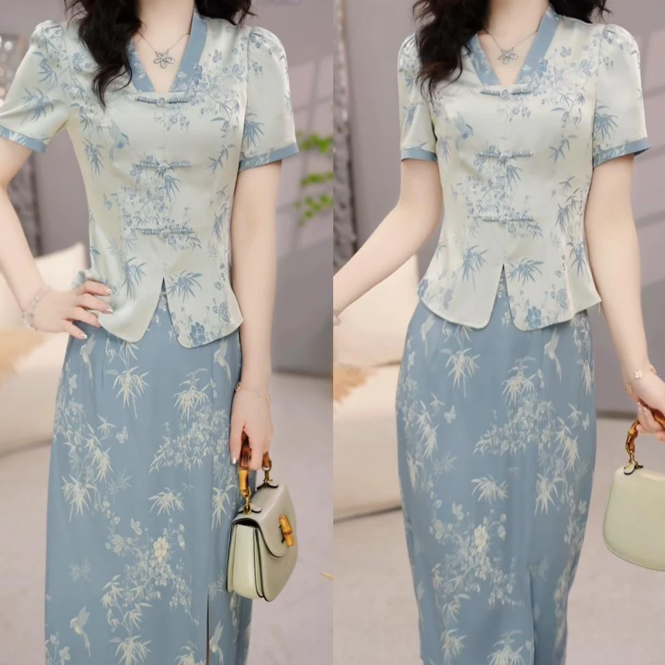 2025上衣+半身裙真两件套装修身收腰漂亮高级优雅印花气质款
