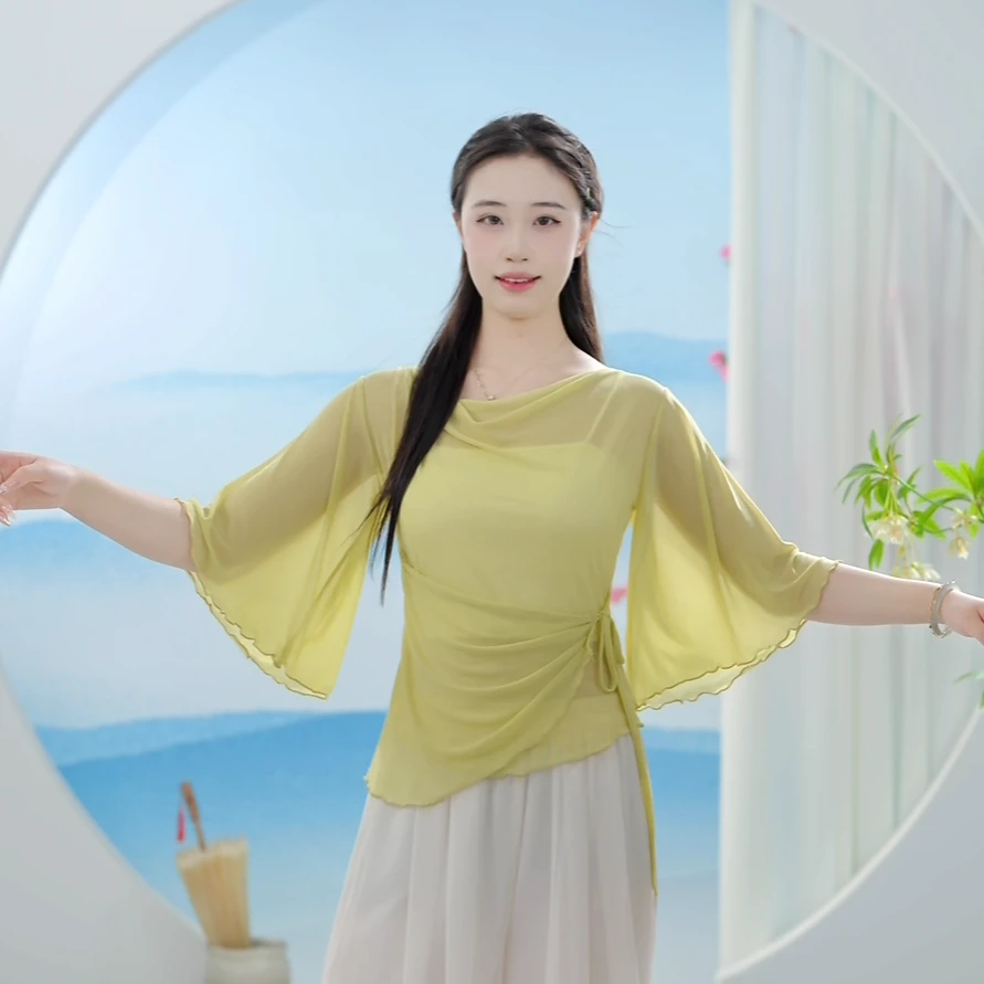 3659 D舞蹈服女现代舞前拼片系带飞袖荡领上衣日常练功跳舞专用