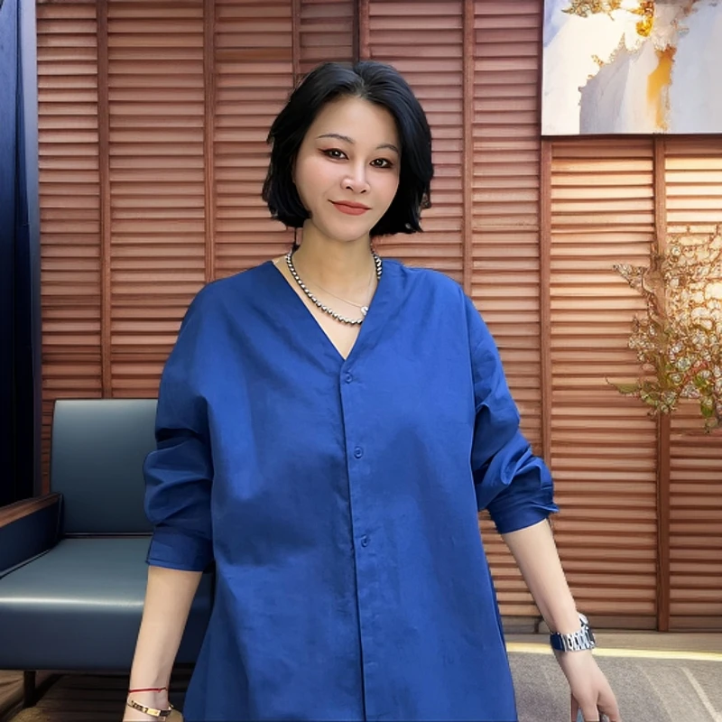 MISS MIN LJ6296D高级感法式v领衬衫女春新透气防晒外搭休闲衬衣