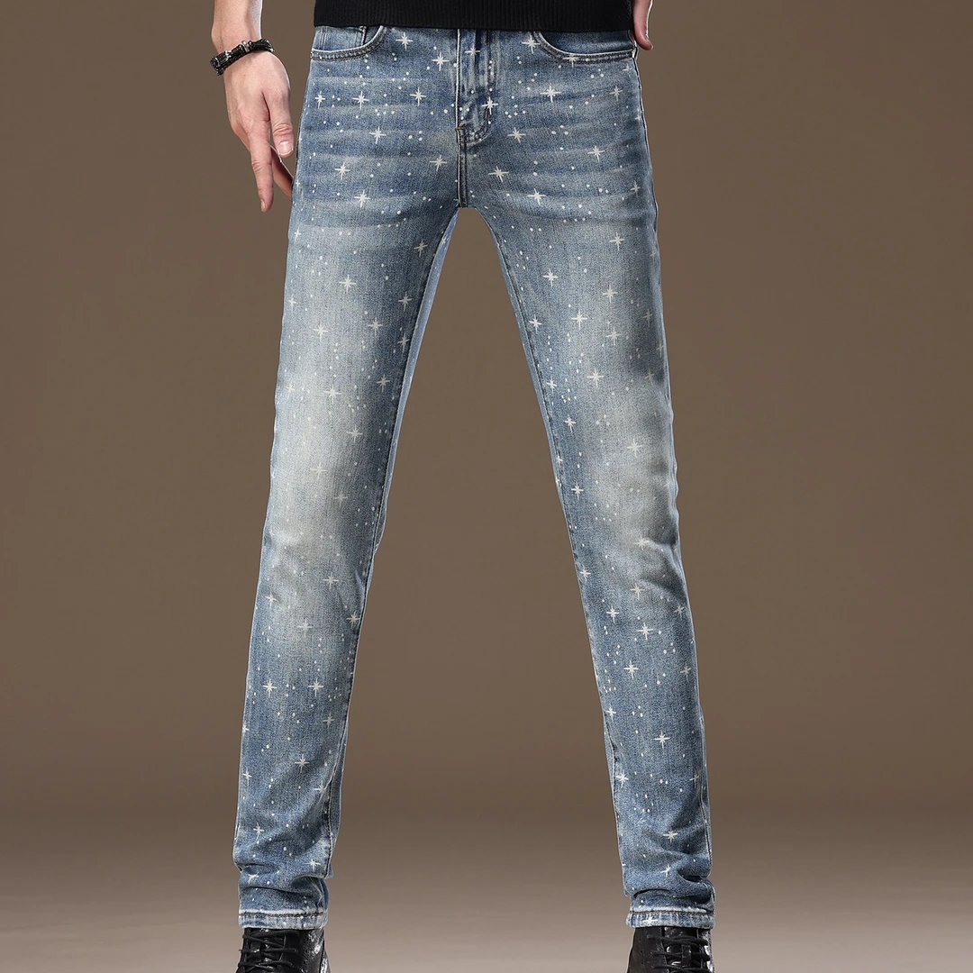 2025新款潮牌长裤高端时尚印花秋冬厚款蓝色牛仔裤男修身小脚弹力