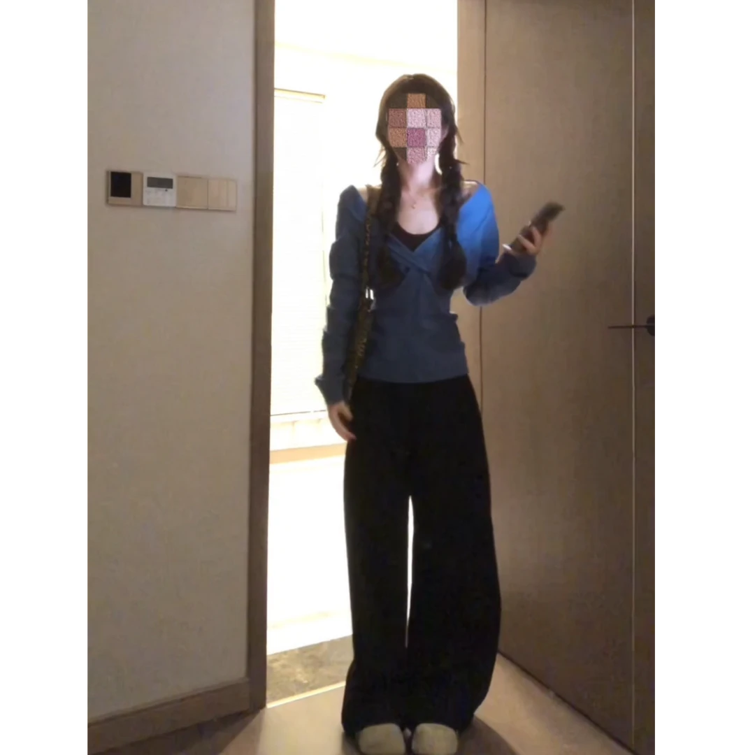 设计感美式辣妹蓝色毛衣针织打底衫上衣显瘦阔腿长裤套装女X11359