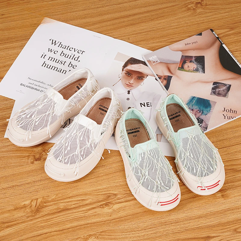 J&M/快乐玛丽透气蕾丝网面鞋镂空平跟圆头单鞋网面板鞋87585W