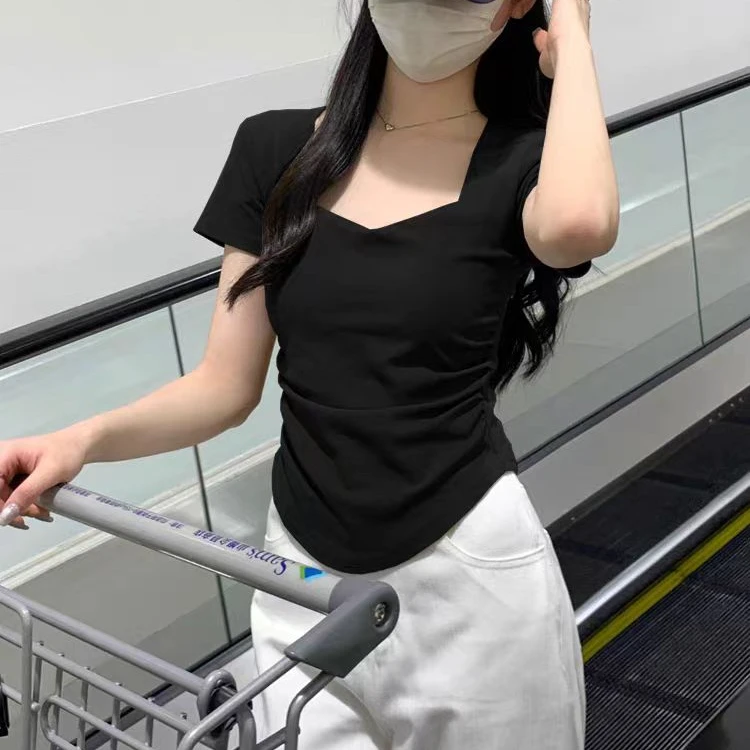 大码酒红色方领正肩短袖女t恤夏胖mm显瘦修身独特绝美短款小上衣