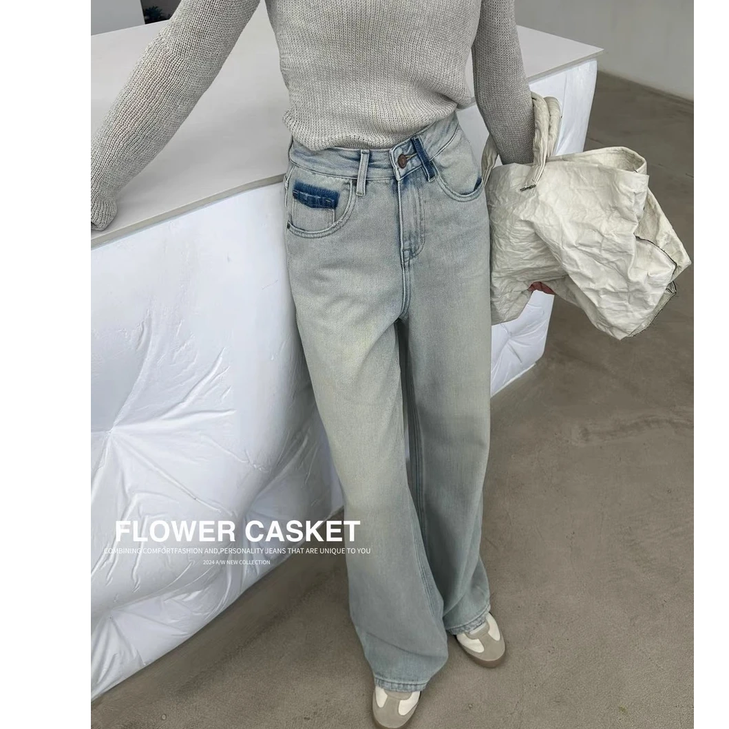 69125设计款直筒复古蓝做旧牛仔裤
