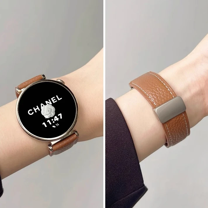 适用华为gt5表带新款gt4磁吸pro真皮荔枝纹手表带watch543pro46mm