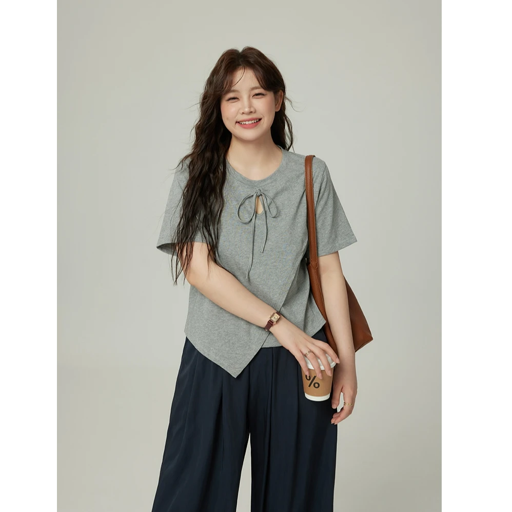 【虫虫】682大码女不规则T恤女夏季新款胖mm镂空蝴蝶结短袖打底上衣